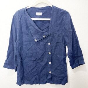 Mosaic 100% Linen Asymmetrical Button Top Navy Artsy